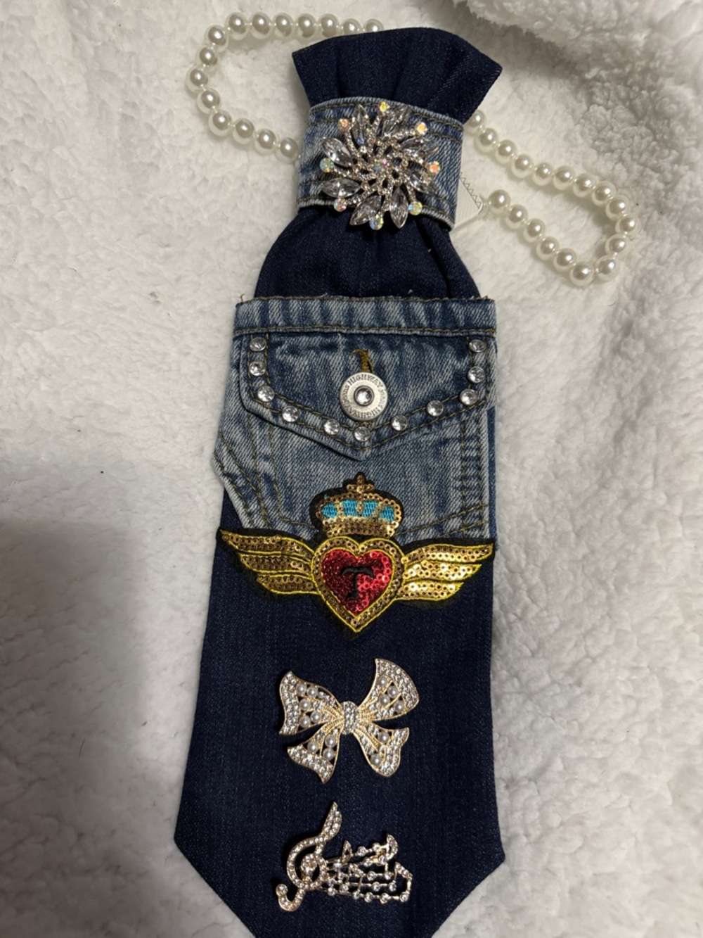 Embellished Denim & Navy Appliqué Tie Necklace with Rhinestones